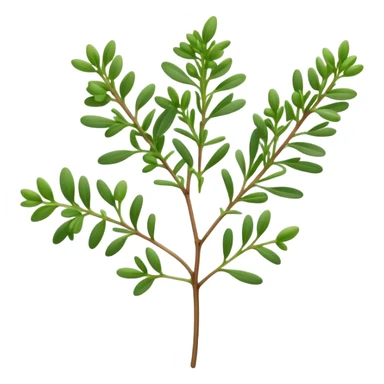 Cinematic Realistic Thyme Emoji, Compact and earthy, with tiny green leaves densely packed on delicate stems. The soft fragrance of the leaves fills the air, creating an atmosphere of warmth and subtle richness. Soft glowing outline, capturing the essence of simplicity and natural healing in a sprig of thyme! sticker