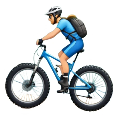 An icon featuring a forest trail or rocky mountain road. The background shows dense trees, steep slopes, and distant peaks under a clear blue sky with mountain bike with wide tires, positioned on  Transparent background highlights the thrill and rugged beauty of mountain biking. sticker