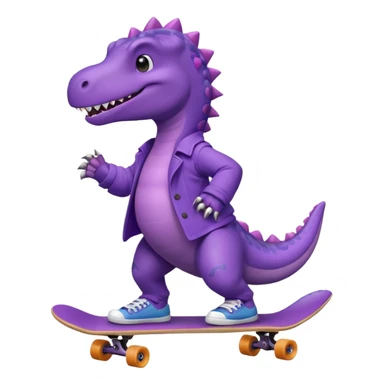 a purple dinosaur on a skateboard wearing a coat with sneakers in the bottom sticker