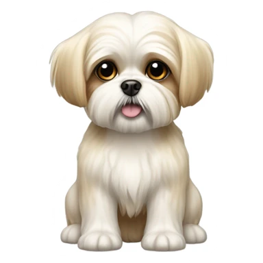 A maltese-shitzoo breed dog, tiny dog with short stubby legs, white/cream color with tan spots sticker