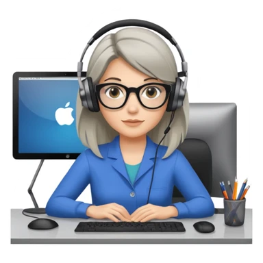 donna bionda occhi azzurri con occhiali grigio/neri, capelli media lunghezza lisci, davanti al pc alla sua scrivania. è una grafica editoriale e redattrice sticker