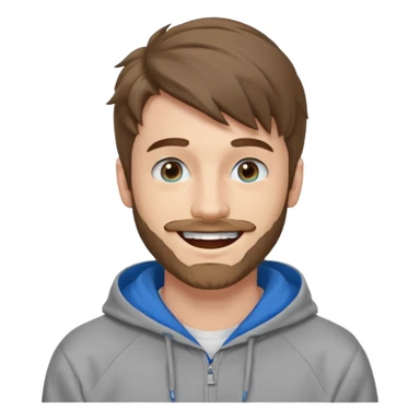 25 year old man, short scruffy beard and thin moustache, brown puffy mullet, blue eyes, big smile, white teeth, big lips, pronounced jaw, hair longer in back, sticking up on top, thin face, grey hooded sweatshirt, pale skin, big smile sticker