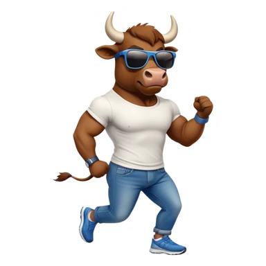 friendly anthropomorphised bull in jeans and a t-shirt, wearing dark sunglasses, jogging upright sticker