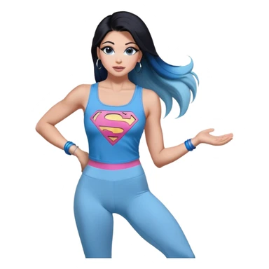 Tall-full chest-hand heat emoji-long legs-huge female chest-very excited-model beautiful face-black leggins-light-pink-lips-very long-very-straight-dark-blue-ombre-hair-and-blue-eyes-thick-black-eyeliner-thick-long-eyelashes-sky blue-superman-lower cut tank top-silver-hoop-earrings sticker