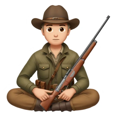male hunter sitting with a shotgun across his lap, relaxed pose sticker