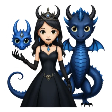 Slim fitting seductive dress Holed and worn Lavish black evening gown with see-through wispy black gloves , Jenna Ortega as Addams woman wearing a steampunk style mini tiara, very large blue evil-looking horned old dragon companion with evil eyes  sticker