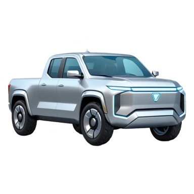 A futuristic electric pickup truck emoji, silver chrome body, angular cyber design, smooth metallic panels, subtle reflections, minimalistic proportions, iOS emoji style, centered composition, clean white background, soft lighting sticker