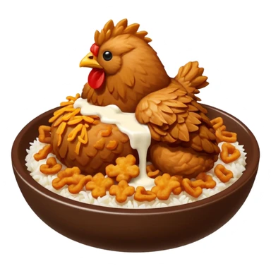 iOS-style food emoji, flat design: round bowl with white rice base, topped with crispy fried chicken pieces, fried onion bits, sweet-and-sour sauce and white sauce zigzag drizzles, finished with parsley flakes, clean shapes, transparent background. sticker
