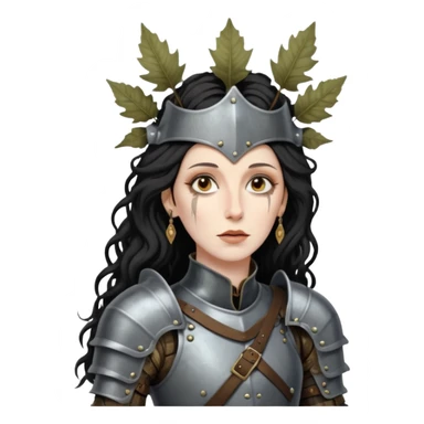realistic cinematic actress Cher in Victorian styling like Joan of Arc dirty damaged armor in a forest sticker