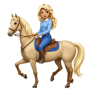 Brown girl with very long blonde hair wearing a cream colored; collared long sleeve shirt and blue riding pants with brown boots on top of a brown horse with 4 legs sticker