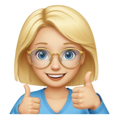 une fille blonde au yeux bleus avec des lunette dorée assez grande joyeuse avec un pouce lever sticker