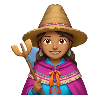 3D emoji style illustration of a Peruvian Andean farmer (woman), wearing traditional chullo hat and poncho, holding a hoe, smiling, mountains in background, bright natural colors, bold outlines, glossy sticker style, transparent background sticker
