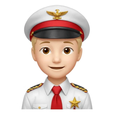 A Soviet pioneer emoji — smiling young boy wearing a white shirt with a bright red pioneer necktie and a classic red pilotka cap. The pilotka should look like a Soviet military cap, not a cowboy hat. Flat, smooth 3D shading sticker