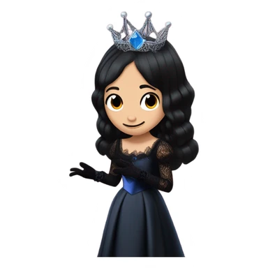 relaxed low-cut back silky black evening ball gown with lace gloves, Jenna Ortega as Wednesday Addams wearing a mini diamond tiara showing off blood blue cute horned old dragon hand-puppet sticker