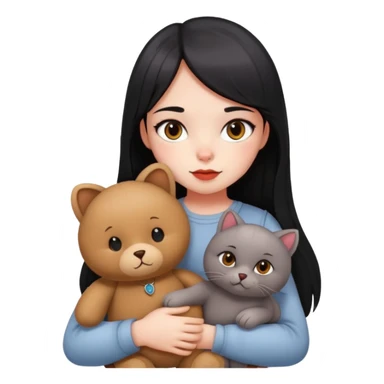 girl,drak eyes, red cheeks, black long hair with a straight bang, white face, holding a British gray cat and a brown teddy bear sticker