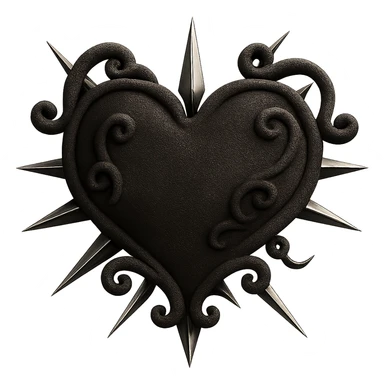 Add sharp metallic spikes to the black gothic heart in velvet 3D style, keeping the soft velvet texture and 3D look with no background. sticker