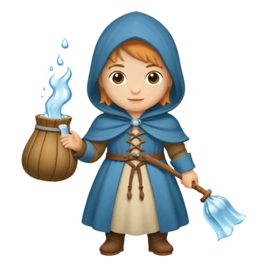 vorrei un piccolo buffo pellegrino medievale con abito e cappuccio marrone sotto la pioggia in stile stickers  sticker