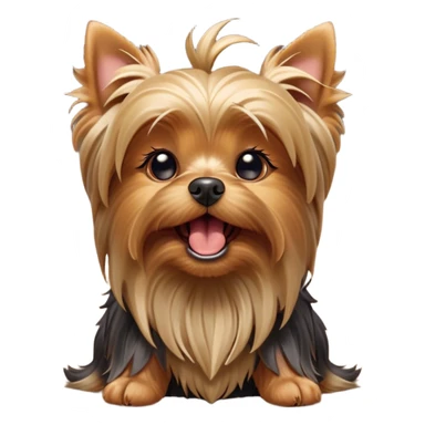 Cinematic Cute Yawning Yorkshire Terrier Portrait Emoji, Head tilted with a playful, drowsy expression and droopy, adorable eyes, featuring a soft, well-groomed fur in rich hues, simplified yet irresistibly endearing, highly detailed, glowing with a warm, cozy radiance, high shine, exuding a relaxed yet spunky charm, styled with a gentle, soft glowing outline, capturing the essence of a Yorkshire Terrier mid-yawn that seems as if it could cuddle right off the screen! sticker