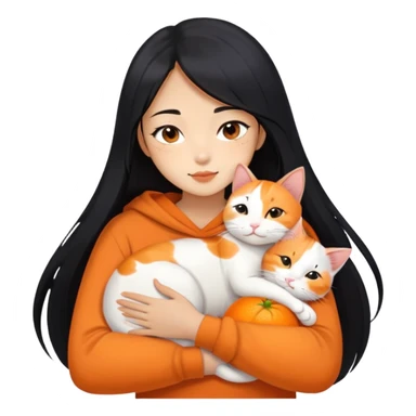 Oriental Asian girl with long black hair snuggling with an orange and white cat, cat is mostly white with orange patches, the girl is holding the cat lovingly sticker
