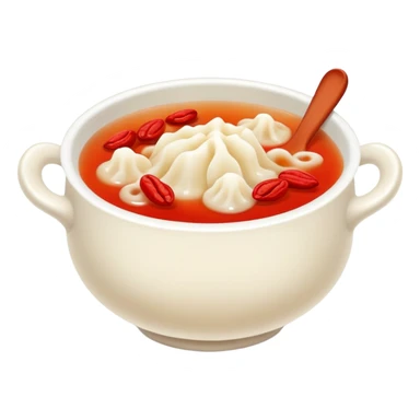 Sweet white fungus soup with red dates and goji berries, simplified emoji style with bold outlines and bright colors, cartoon style Yin Er Tang dessert sticker