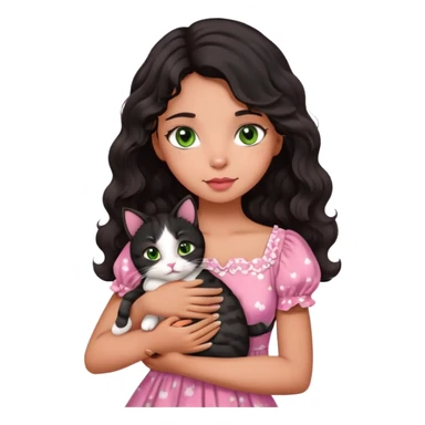 A tanned skin girl with medium length black wavy hair, wearing a pink cute dress, brown eyes, small lips, hugging a white with brown prints cat that has green eyes  sticker