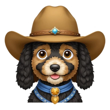 Black golden doodle wearing a cowboy hat sticker