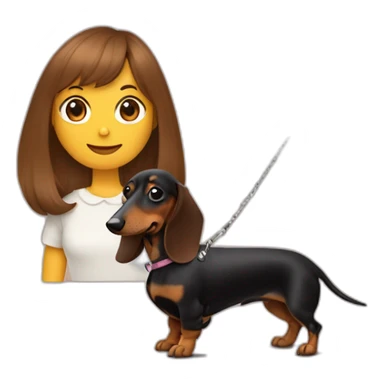 A woman with shoulder-length brown hair and straight bangs has a rough-coated dachshund on a leash. sticker