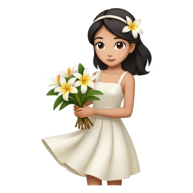 A girl with a black half-up half-down hairstyle, and a white dress, enjoying the spring breeze.Holding a bundle of frangipani sticker