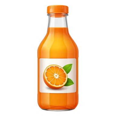 bottle of fruit juice orange or red or yellow, transparent or semi-transparent, simple screw cap, blank label optional, glass or PET plastic, iconic shape, vibrant liquid, 3D clean style, transparent background, optimized for emoji size sticker