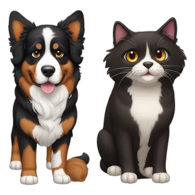 Bernese dog next to A brown and black cat without white fur sticker
