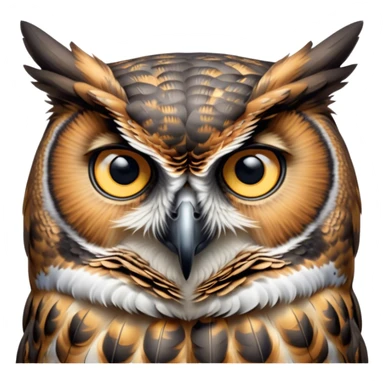 Cinematic Deep Thought Great Horned Owl Portrait Emoji, Head held high with a calm, reflective gaze, showcasing a beautifully mottled plumage and piercing golden eyes that seem to ponder the mysteries of the night, Simplified yet majestically refined features, highly detailed, glowing with a soft, contemplative light, high shine, poised and thoughtful, stylized with an air of profound introspection, capturing the essence of an owl deeply engaged in thought, so thoughtful it feels like it could silently share timeless secrets from beyond the screen! sticker