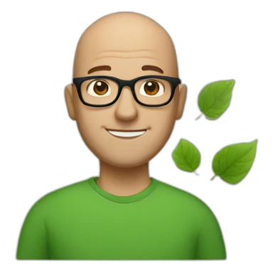 a middle aged bald man in square black glasses wearing a green shirt and holding a green leaf sticker