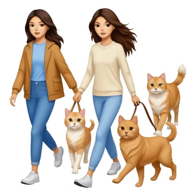 Kendall Jenner with long brown hair walking a golden retriever dog and three cats, two cream colored cats and one white and blue cat sticker
