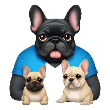 Man with blue eyes and black hair and a shirt that says “Lazy Bulls” and to his right is a fat blonde hair frenchie and to his left is a smaller dark gray fluffy frenchie  sticker