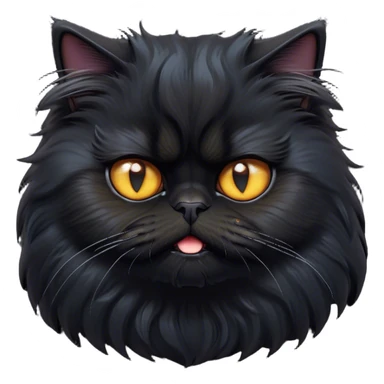 Cinematic Grumpy Frazzled Black Persian Cat Portrait Emoji, Head tilted with an exaggeratedly grumpy expression, fluffy black fur with hints of silver and deep undertones, Simplified yet hilariously frazzled features with large, expressive eyes, highly detailed, glowing with a warm but irritated glow, high shine, a mix of annoyed and disheveled, stylized with a touch of humor, bright but with a completely frazzled and grumpy face, soft glowing outline, capturing the essence of a quirky yet grumpy kitty, so endearing it feels like it could leap out of the screen and demand attention with its wonderfully grumpy, frazzled charm! sticker
