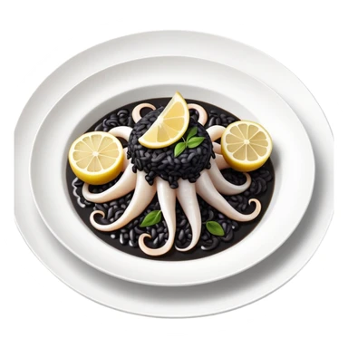 cinematic-realistic-black-risotto-dish,-showcasing-lagre squid pieces-rendered-with-bold-textures-and-dynamic,-dramatic-lighting in a white plate with a grilled lemon on top sticker