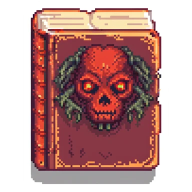 red cursed book with glowing eyes pixel art sticker