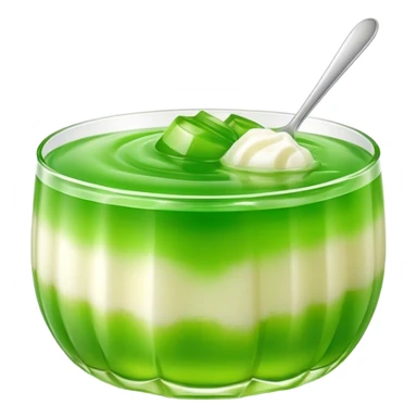 Cinematic Realistic Coconut Pandan Jelly Dessert Emoji, showcasing a delicate, translucent jelly infused with coconut and pandan rendered with lifelike detail and soft, tropical lighting. sticker