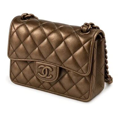 a pink Chanel purse, metallic bronze finish, elegant and shiny sticker