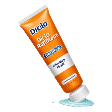an empty, oversized and totally squeezed out tube of toothpaste labelled "Diclo ratiopharm". It is squeezed out to the last drop. Basic color is orange yellowish. sticker