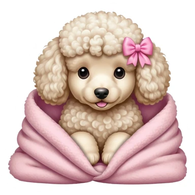 Poodle wearing a pink bow in a cream colored blanket sticker