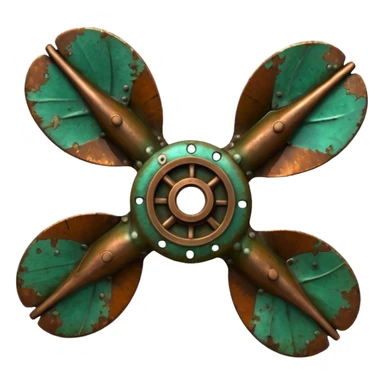 3D render of Ship Propeller, heavily oxidized copper texture, verdigris patina, Bronze blades with green barnacle/rust spots, weathered bronze aesthetic, ancient decay, emoji style, isolated on white background --v 6.0. sticker