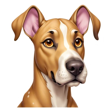 Cinematic Comical Fawn Great Dane Portrait Emoji, Head tilted dramatically with an exaggeratedly amused expression, featuring a sleek fawn Fur, wide, expressive amber eyes filled with playful disbelief, Simplified yet hilariously expressive features, highly detailed, glowing with a slightly sassy glow, high shine, dramatic yet playful, stylized with an air of cheeky mischief, bright and endearing, soft glowing outline, capturing the essence of a spirited and over-the-top guardian, so meme-worthy it feels like it could side-eye its way into internet fame instantly! sticker