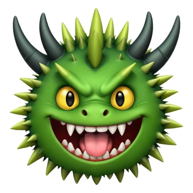 A green monster with two small black horns, spiky fur, big round yellow eyes, and a wide grin showing sharp teeth with its tongue playfully sticking out.  sticker
