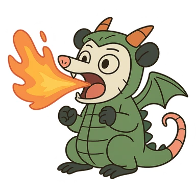cute cartoon possum breathing fire, dressed as a dragon with wings, flat toon style sticker