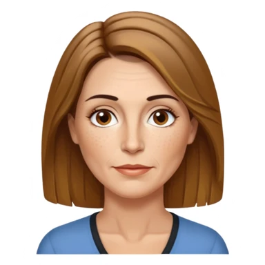 50 year old Caucasian woman with shoulder length brown hair and blond highlights and no bangs. Brown eyes with thin, black eyebrows. Medium size nose with a couple of freckles. Thin lips and slender shoulders. sticker