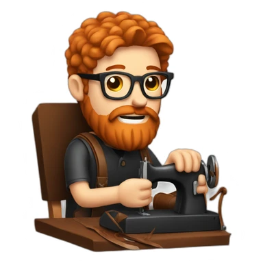Red haired man with beard and glasses hand sewing a leather saddle sticker
