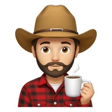 generate an ios genmoji of a 20 year old tan boy with a cowboy hat and side burn beard. Wearing a flannel and carrying a coffee mug sticker