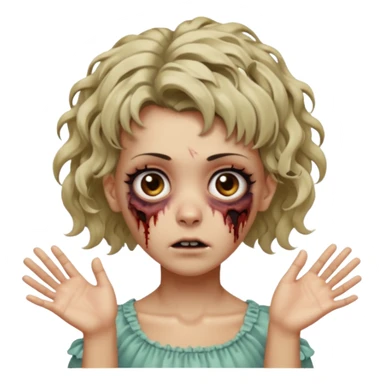 Cabelo ondulado  um pouco cheio e franja curta  Olhos marrons e pequenos e feita d ezumbi mais bonita com cabelo amarro na e com as mãos assim tipo assim🧟‍♀️ sticker
