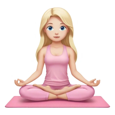 A yoga girl with blonde long hair and blue eyes in light pink clothes is sitting on a yoga mat sticker